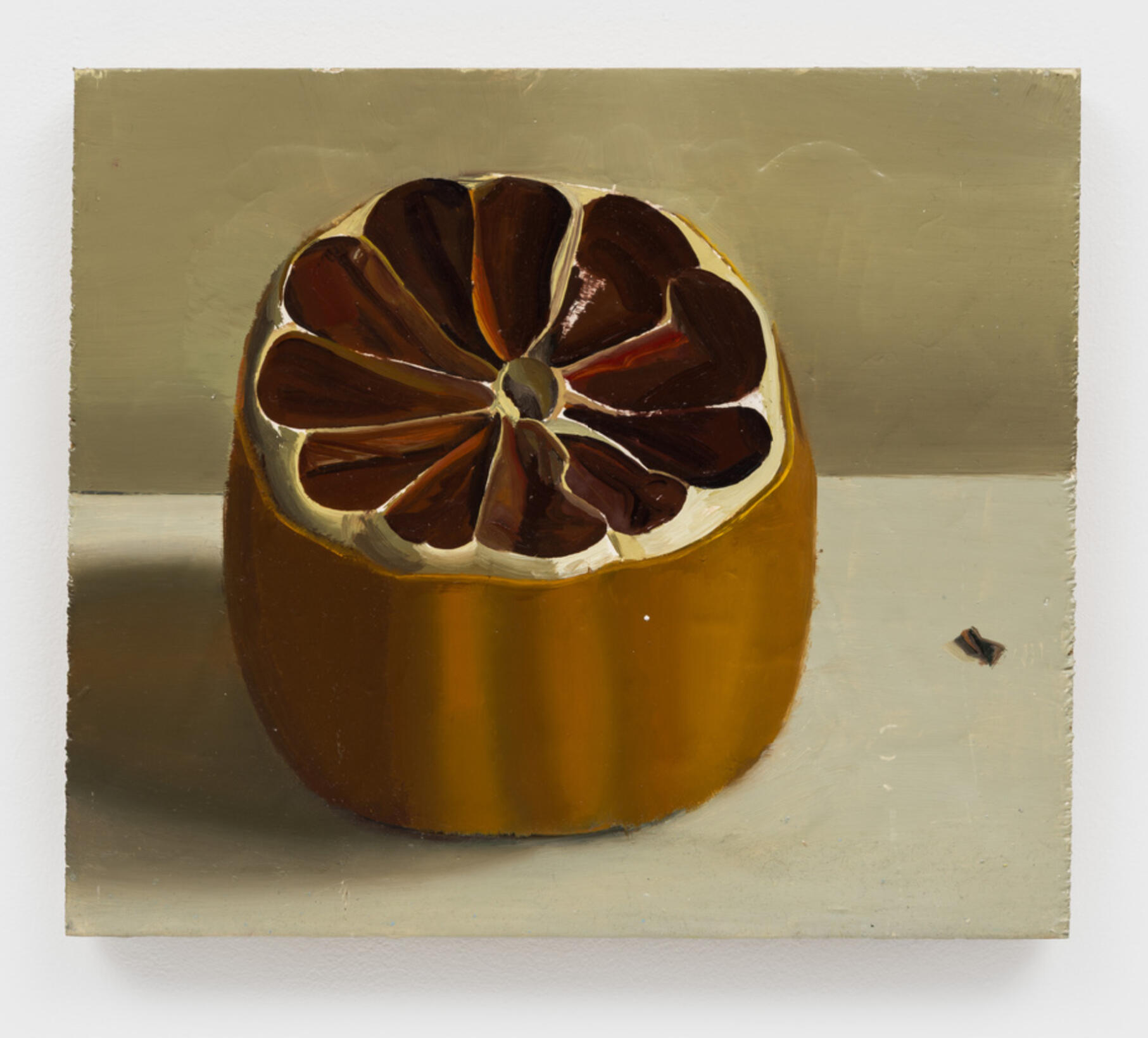 Phoebe Helander, *Cross-Section of an Old Lemon II*, 2025. Oil on wood, 11 1/4 × 13 inches.