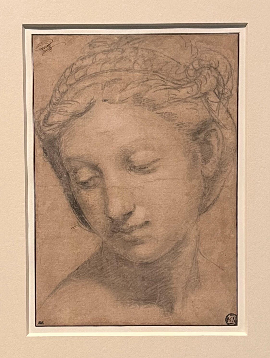 Head of a Young Woman in Three-Quarter View, Looking Down (Study for the Figure of Charity, Sala di Costantino); Raphael; 1519-2